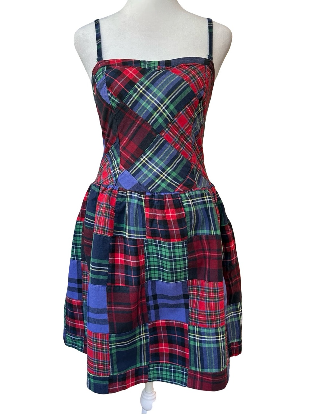VTG 90s Grunge Plaid Patchwork Spaghetti Strap Dress Tartan Punk Indie Mini M